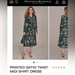 Donna Karan Teal and Beige Printed Satin Twist Midi Dress
